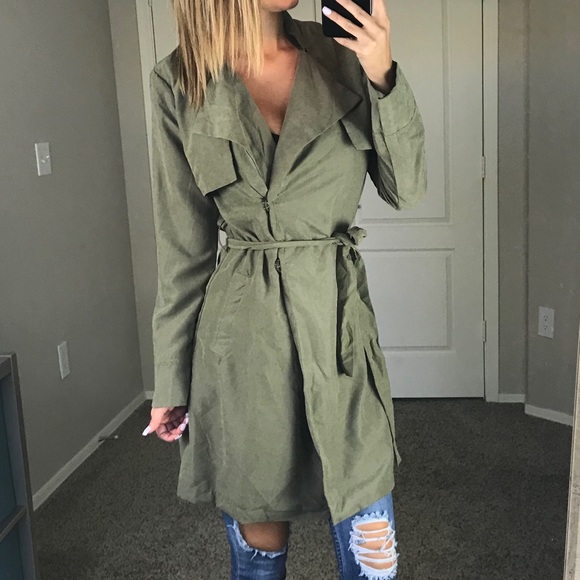 - Olive Suede Trench Jacket - - Picture 2 of 6